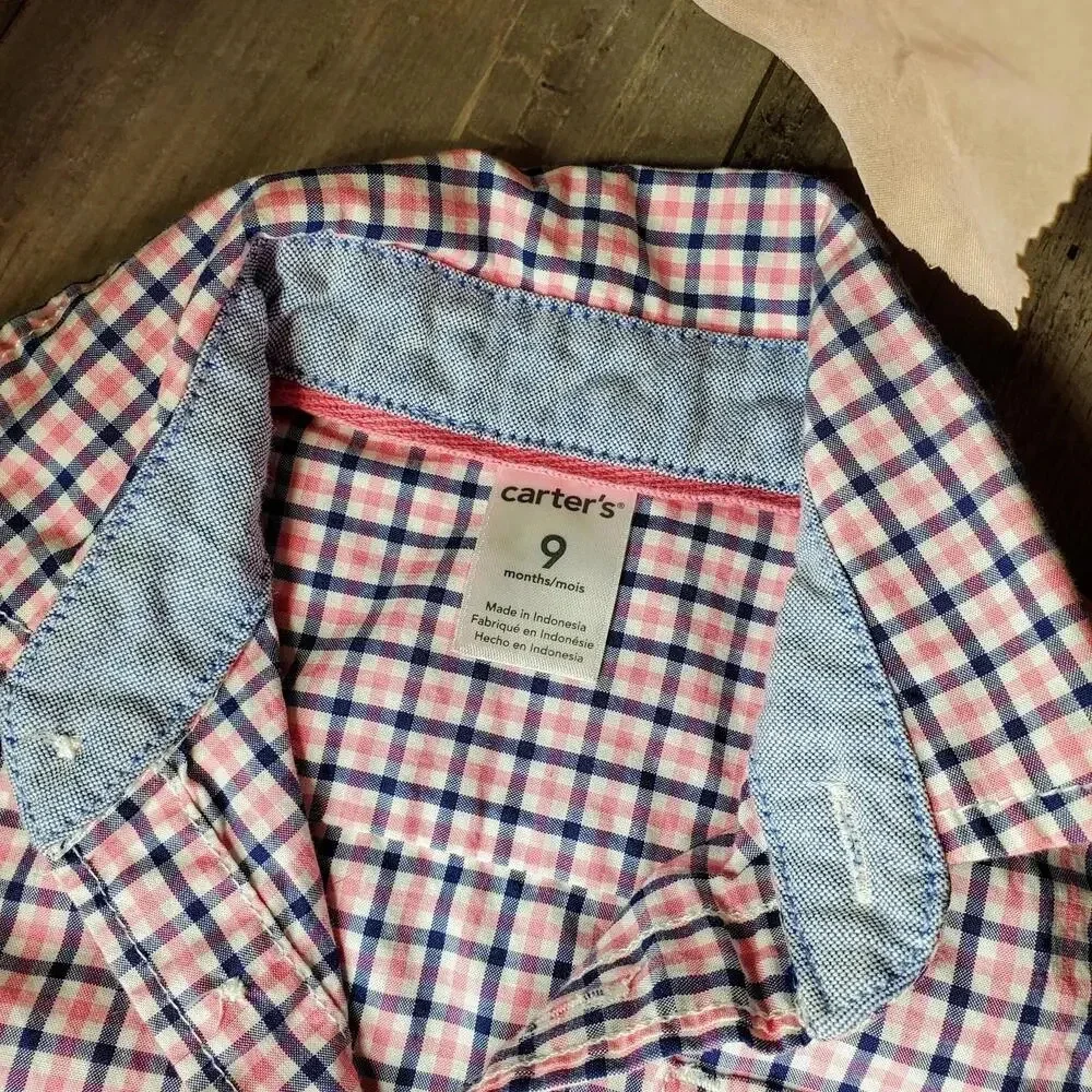 Carter's Baby Boy Size 9m Pink and Blue Plaid 100% Cotton Button Down Shirt